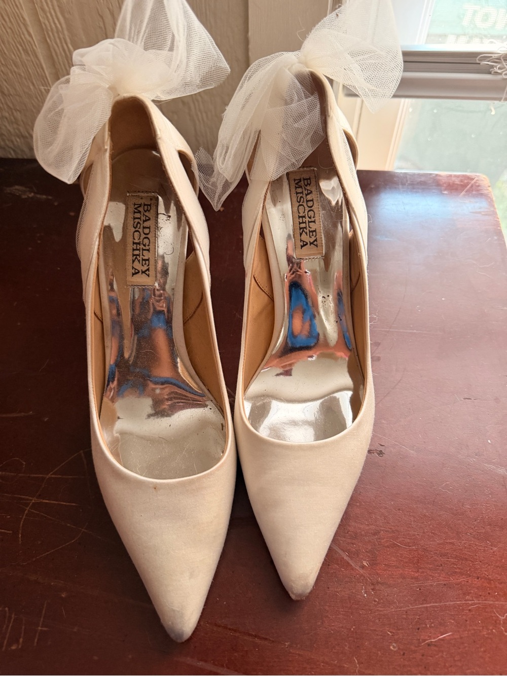 Badgley Mischka Ivory Satin Pointed Toe Heels with Tulle Bows bridal heels